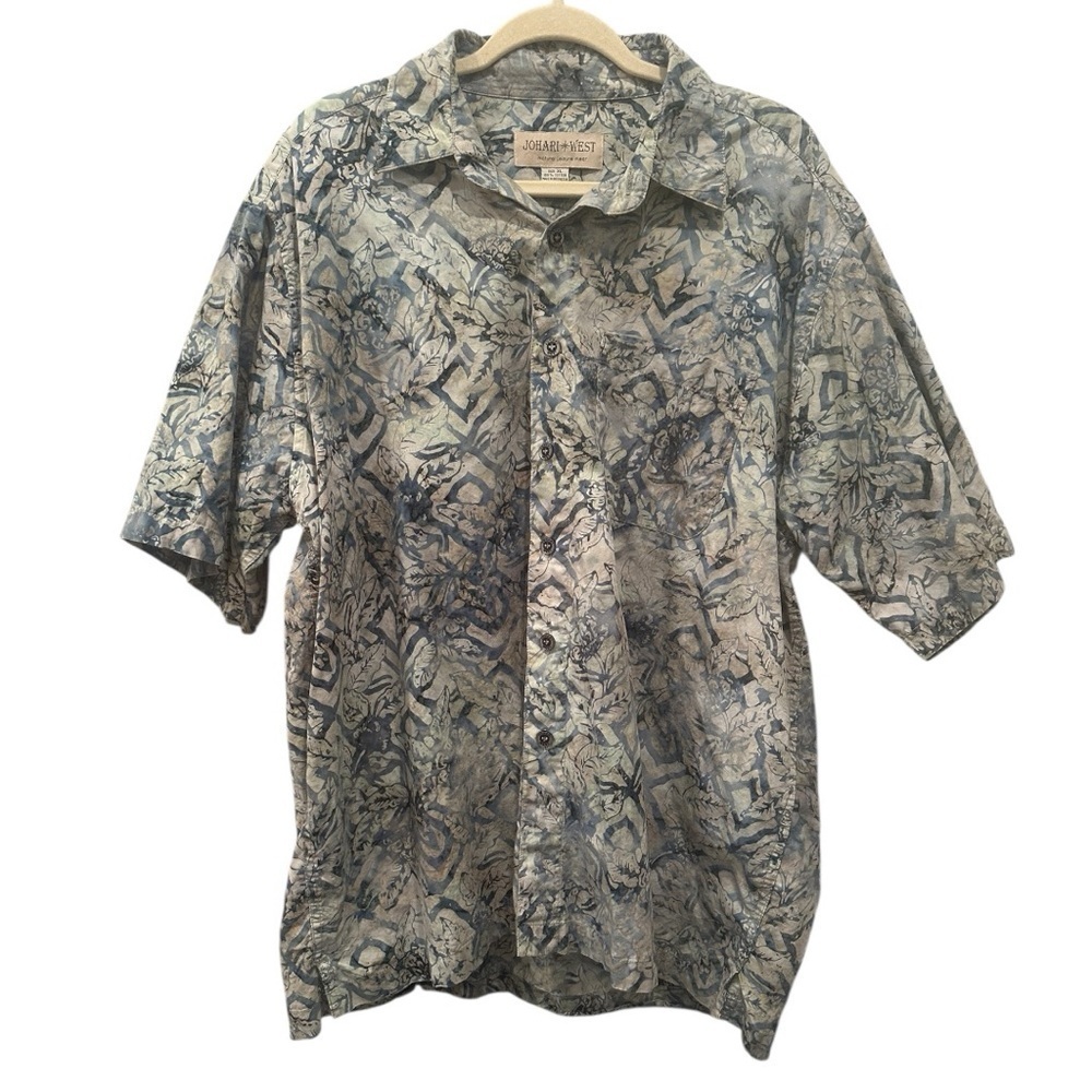 Johari West Abstract Blue & Gray Button Down Tropical Coastal Sz XL